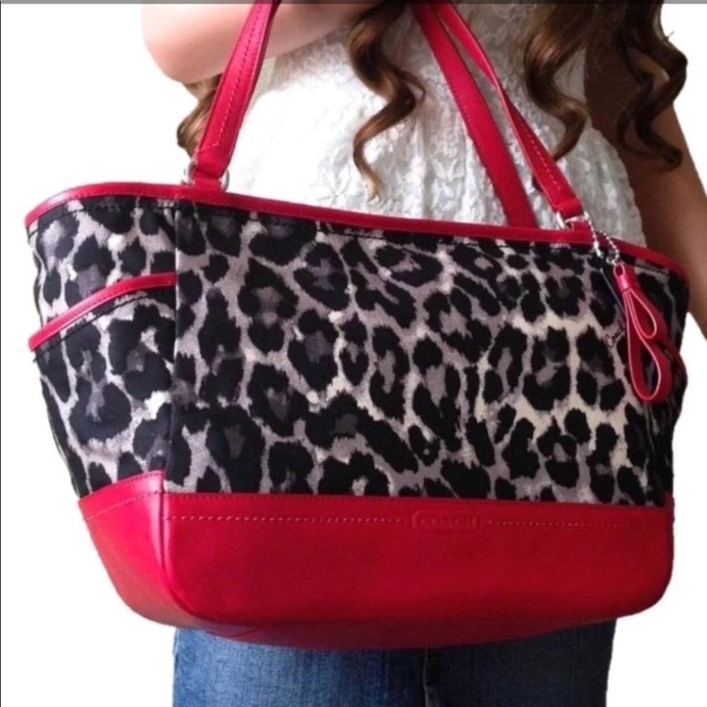 (Sold) Coach ocelot leopard and red trim purse